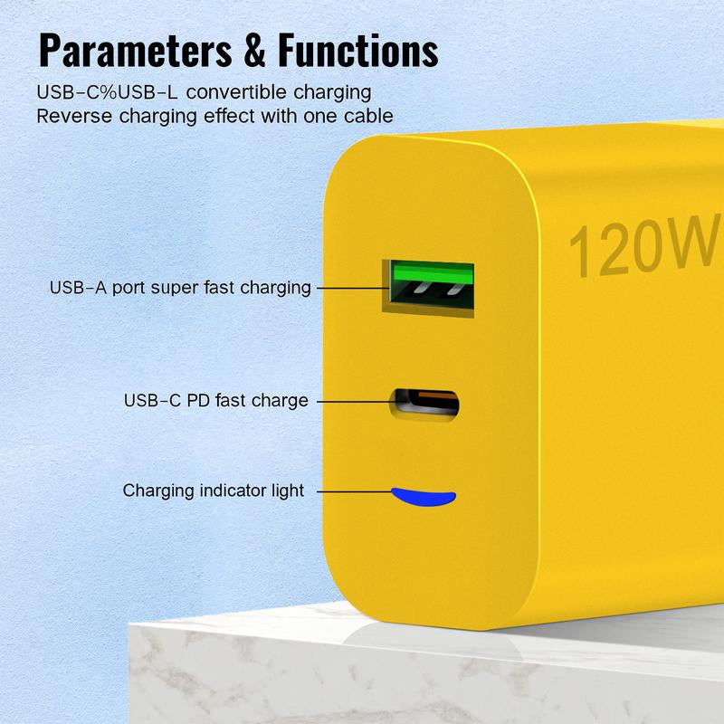 2-Pack 120W Fast Charger, Type C/USB a Dual Ports Adapter,4 in 1 Fast Charging Cable & Data Sync, 5FT Flat Braided Charger Cord for Iphone 17/16/15/14/13/12Pro Max/Ipad/Airpods/Samsung Series Phone Accessories