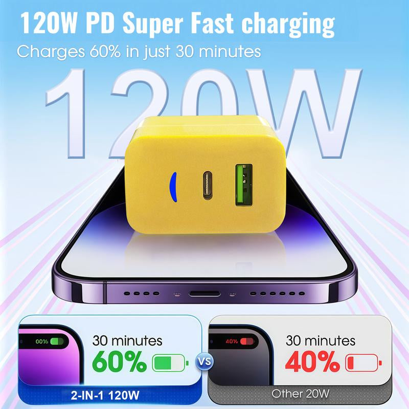 2-Pack 120W Fast Charger, Type C/USB a Dual Ports Adapter,4 in 1 Fast Charging Cable & Data Sync, 5FT Flat Braided Charger Cord for Iphone 17/16/15/14/13/12Pro Max/Ipad/Airpods/Samsung Series Phone Accessories