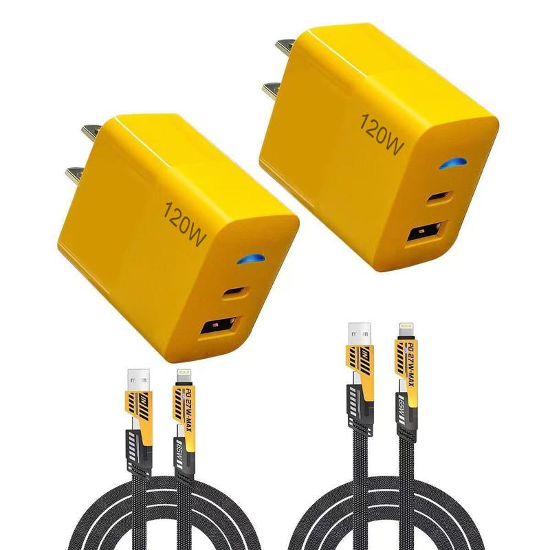 2-Pack 120W Fast Charger, Type C/USB a Dual Ports Adapter,4 in 1 Fast Charging Cable & Data Sync, 5FT Flat Braided Charger Cord for Iphone 17/16/15/14/13/12Pro Max/Ipad/Airpods/Samsung Series Phone Accessories