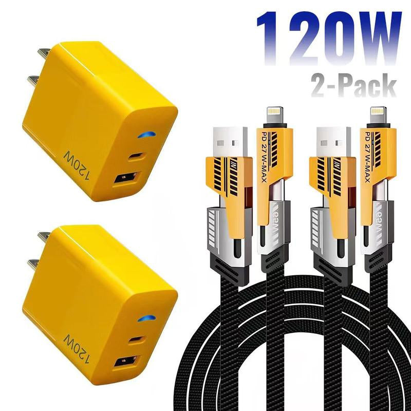 2-Pack 120W Fast Charger, Type C/USB a Dual Ports Adapter,4 in 1 Fast Charging Cable & Data Sync, 5FT Flat Braided Charger Cord for Iphone 17/16/15/14/13/12Pro Max/Ipad/Airpods/Samsung Series Phone Accessories
